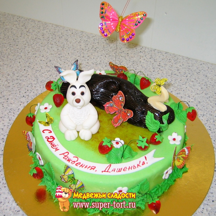 Детский Торт на день рождения Зайка сидит на полянке с ягодами и бабочками